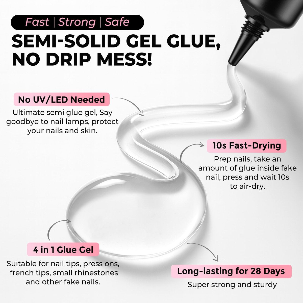 Luckyfairy 15g Nail Glue for Press Ons with 10ml Nail Glue Remover - Quick Dry Super Strong Semi Solid Glue, No Lamp Needed, Gentle Non-Acetone Remover - görsel 5