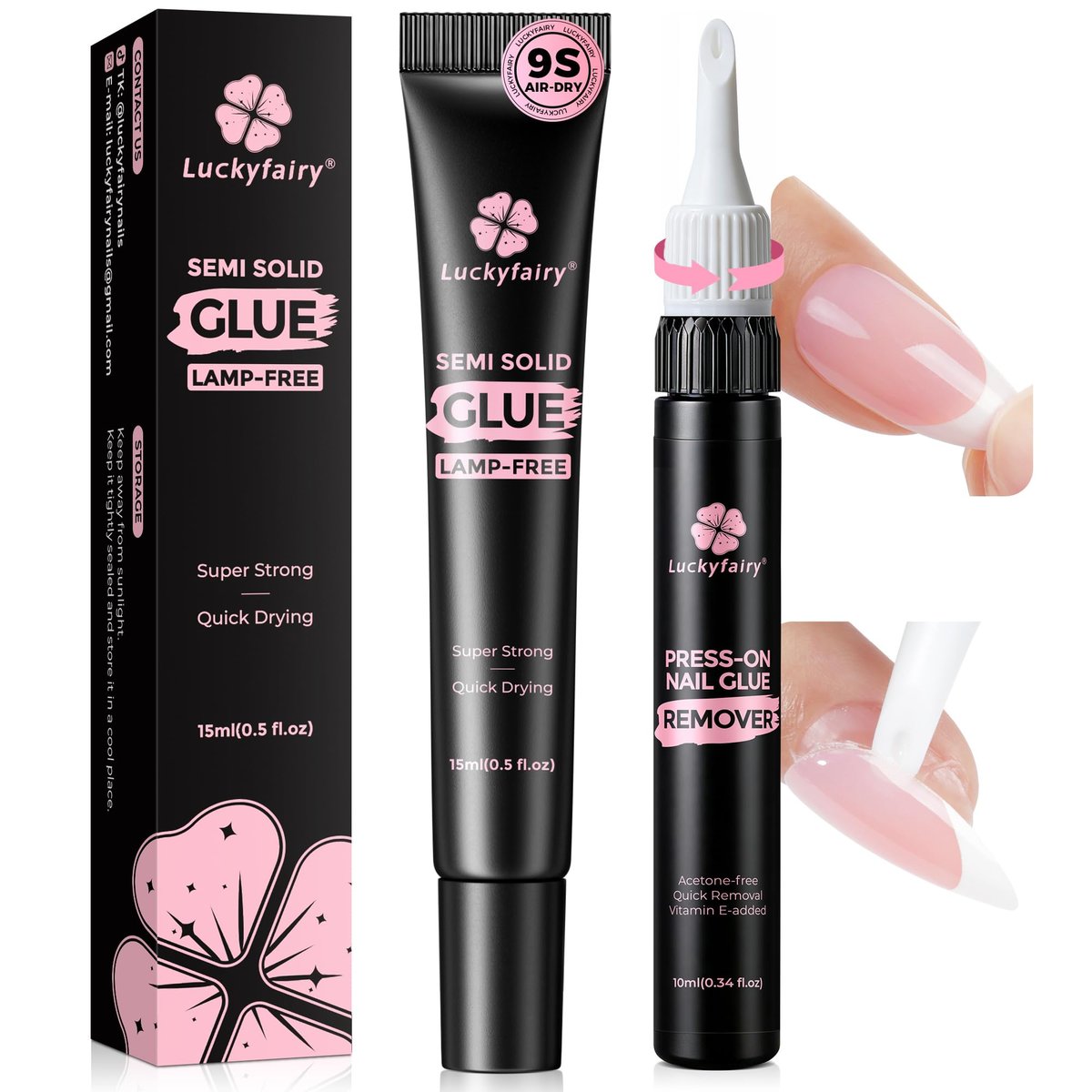 Luckyfairy 15g Nail Glue for Press Ons with 10ml Nail Glue Remover - Quick Dry Super Strong Semi Solid Glue, No Lamp Needed, Gentle Non-Acetone Remover - görsel 1