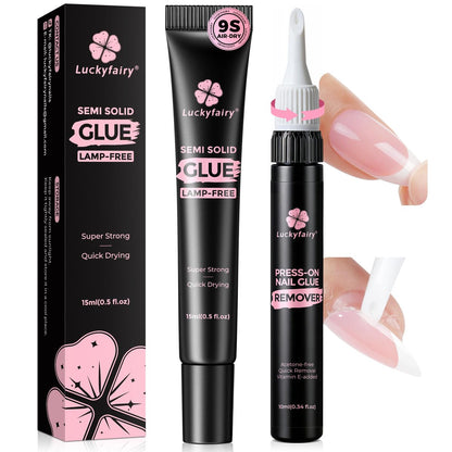Luckyfairy 15g Nail Glue for Press Ons with 10ml Nail Glue Remover - Quick Dry Super Strong Semi Solid Glue, No Lamp Needed, Gentle Non-Acetone Remover