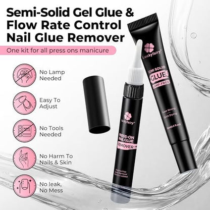 Luckyfairy 15g Nail Glue for Press Ons with 10ml Nail Glue Remover - Quick Dry Super Strong Semi Solid Glue, No Lamp Needed, Gentle Non-Acetone Remover