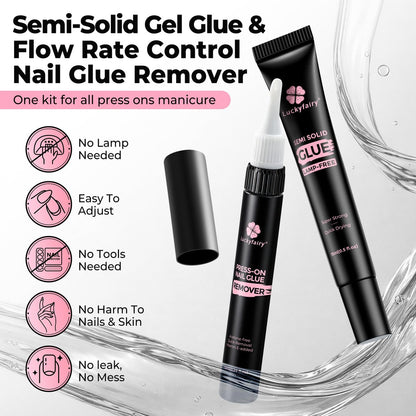 Luckyfairy 15g Nail Glue for Press Ons with 10ml Nail Glue Remover - Quick Dry Super Strong Semi Solid Glue, No Lamp Needed, Gentle Non-Acetone Remover