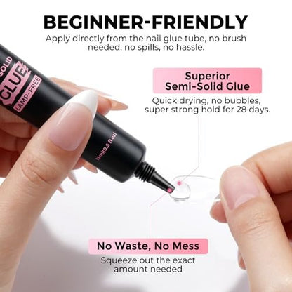 Luckyfairy 15g Nail Glue for Press Ons with 10ml Nail Glue Remover - Quick Dry Super Strong Semi Solid Glue, No Lamp Needed, Gentle Non-Acetone Remover