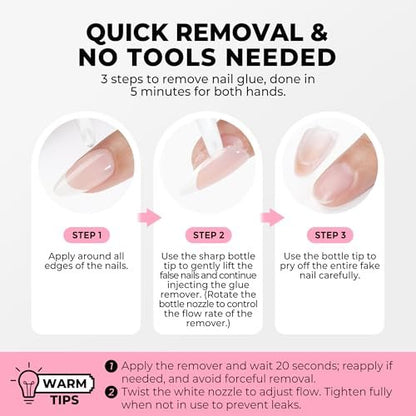 Luckyfairy 15g Nail Glue for Press Ons with 10ml Nail Glue Remover - Quick Dry Super Strong Semi Solid Glue, No Lamp Needed, Gentle Non-Acetone Remover