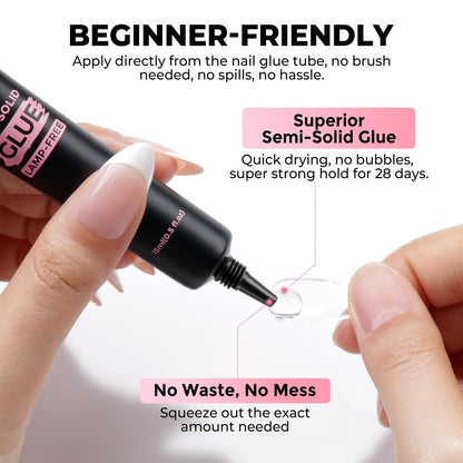Luckyfairy 15g Nail Glue for Press Ons with 10ml Nail Glue Remover - Quick Dry Super Strong Semi Solid Glue, No Lamp Needed, Gentle Non-Acetone Remover