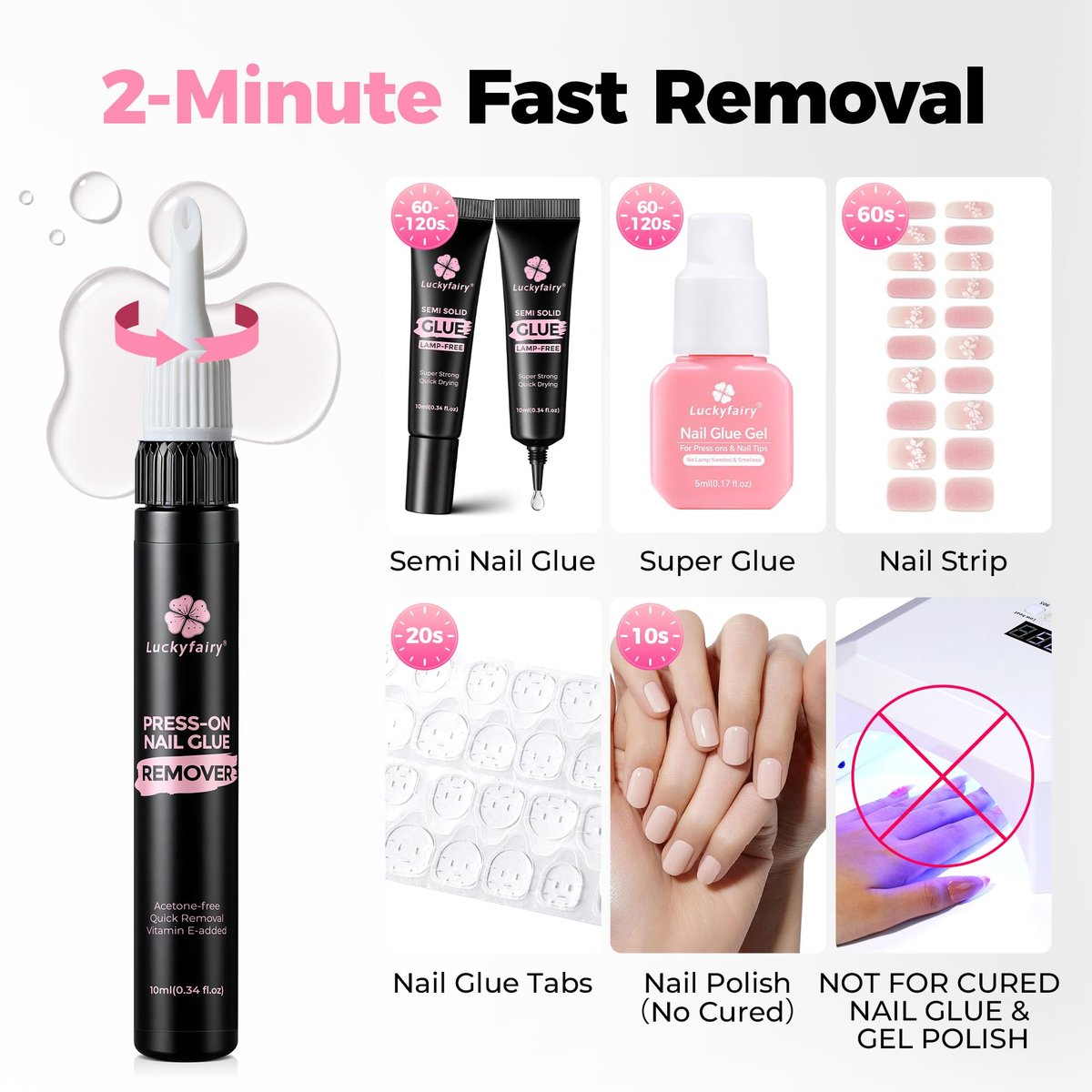 Luckyfairy 15g Nail Glue for Press Ons with 10ml Nail Glue Remover - Quick Dry Super Strong Semi Solid Glue, No Lamp Needed, Gentle Non-Acetone Remover - görsel 9