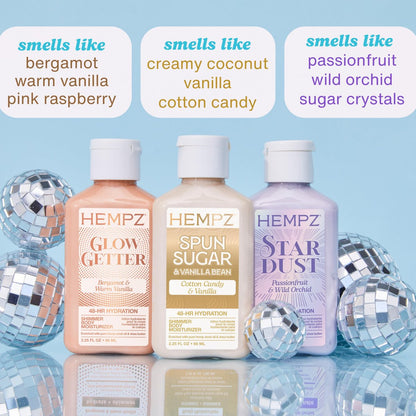 Hempz Mini Shimmer Lotion Set - Gold, Silver & Rose Gold Travel Moisturizers (3 x 2.25 oz) - TSA Approved Avelisse