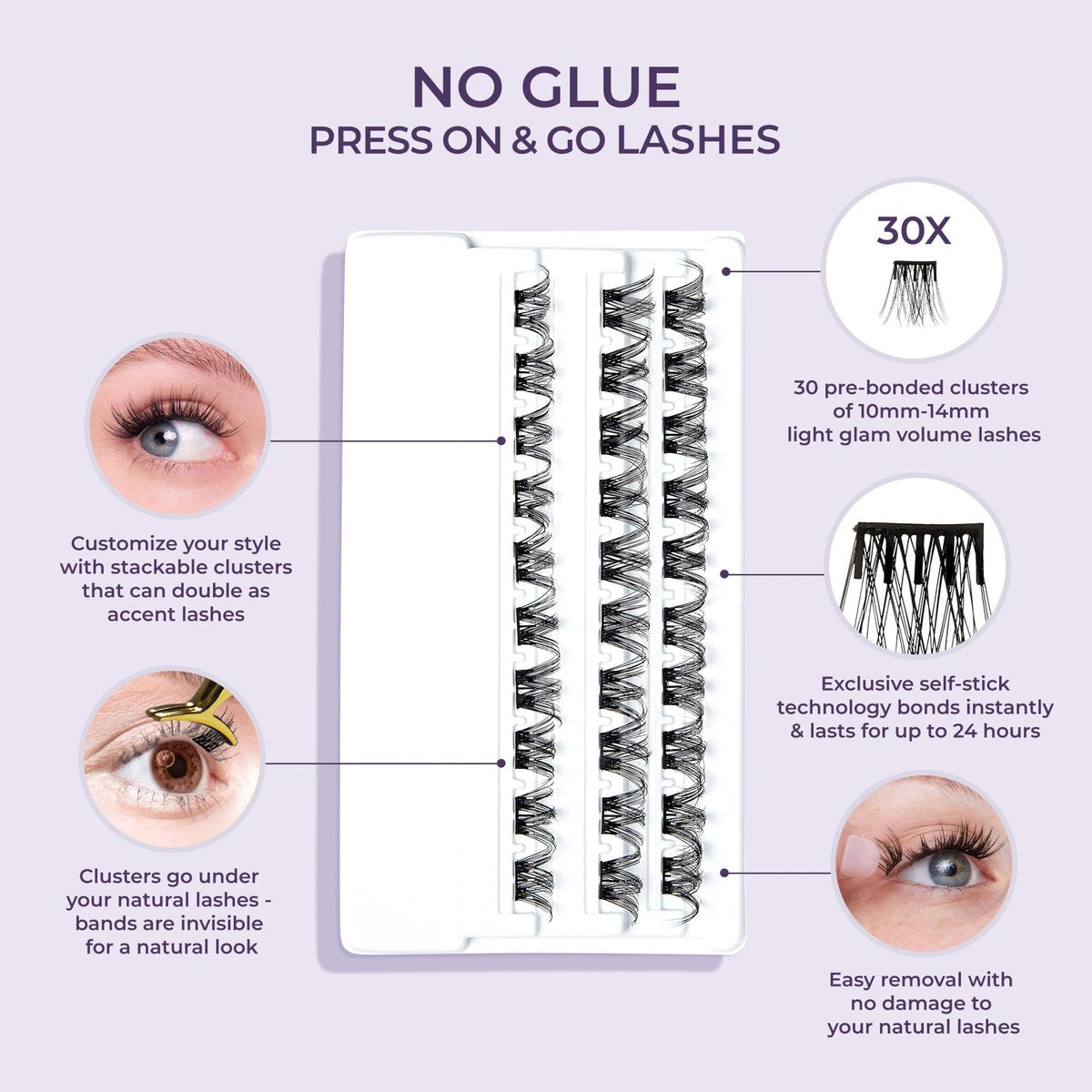 imPRESS Curly False Eyelashes – 30 Lash Clusters, 10mm-14mm, Black, Reusable Strip Lashes Avelisse