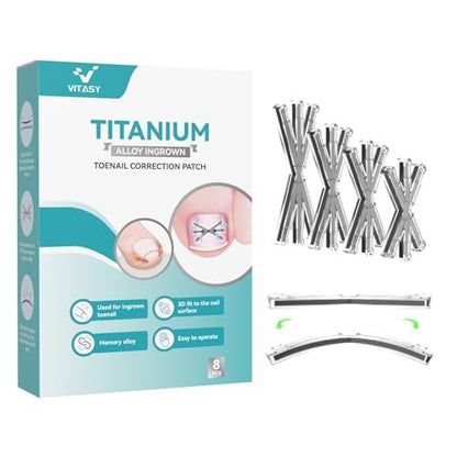 VITASY Ingrown Toenail Treatment Kit – Upgraded 6-Angle Shape Titanium Alloy Corrector with 4 Multi-Size Strips for Curved Toenail Quick Relief (8 Pieces, Silver) Avelisse