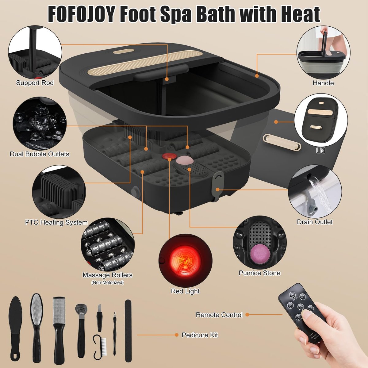 FOFOJÔY Collapsible Foot Spa Bath with Massager, Heat, and Bubble Jets – Temperature Control, Remote, Pumice Stone, Perfect Relaxation Gift Avelisse