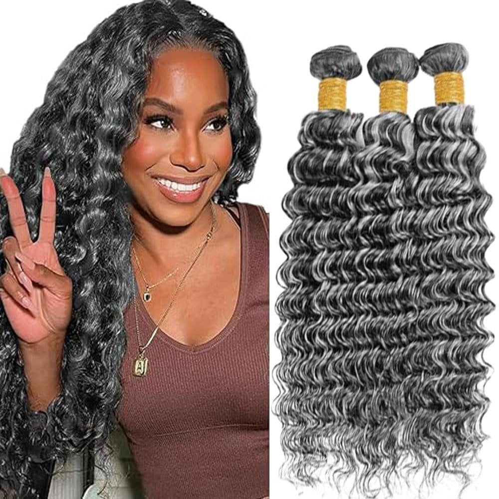 Bafamiya Highlight Grey Human Hair Bundles Deep Wave 20 22 24 Inch P1B/Grey Bundles Human Hair 3 Bundle 300g Total Unprocessed Brazilian Virgin Hair for Black Women - görsel 1