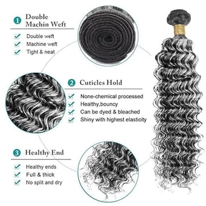 Bafamiya Highlight Grey Human Hair Bundles Deep Wave 20 22 24 Inch P1B/Grey Bundles Human Hair 3 Bundle 300g Total Unprocessed Brazilian Virgin Hair for Black Women