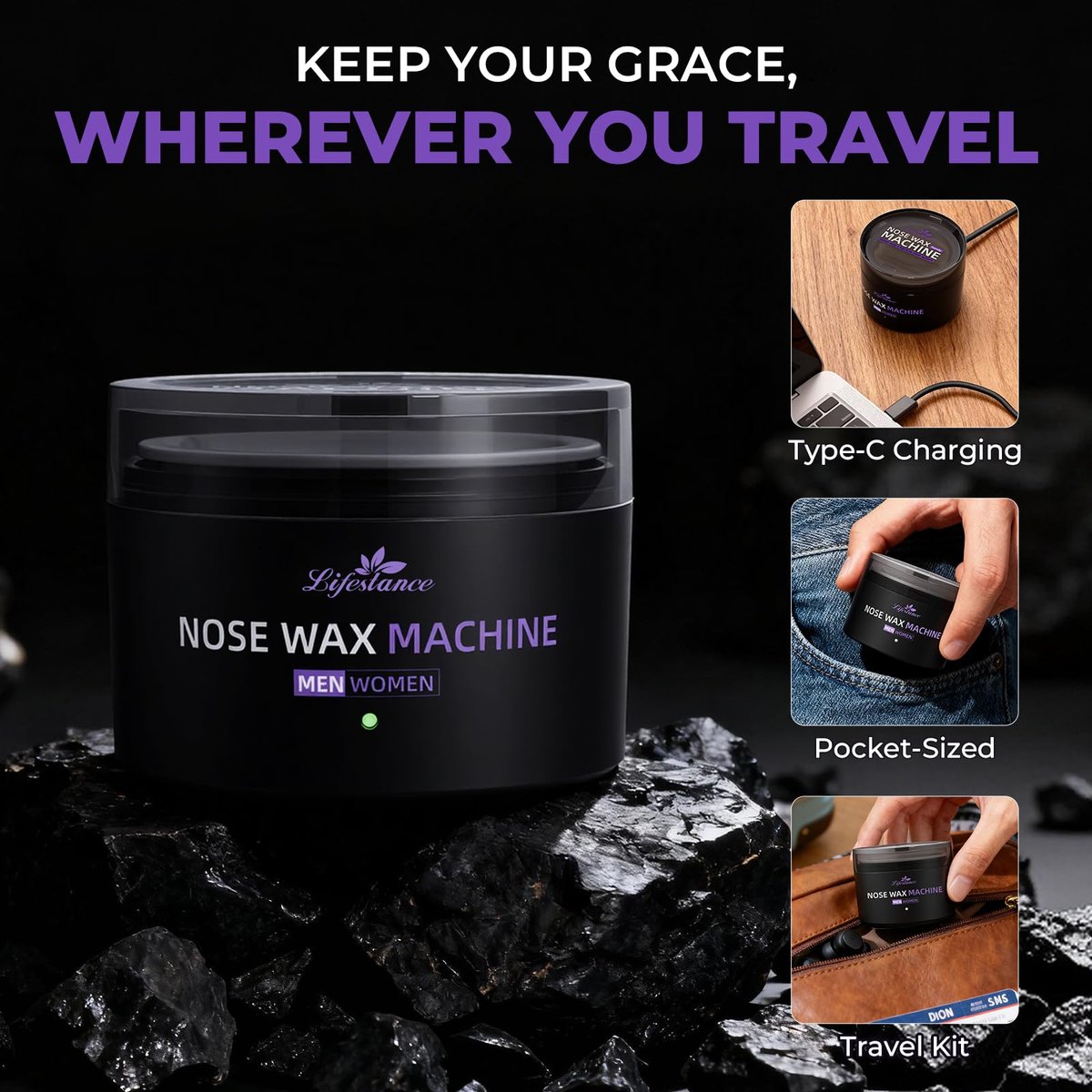 Lifestance Nose Hair Wax Kit - 120g Mini Wax Pot with USB-C Fast Heating, Smart Temp Control, 48 Sticks, Painless Ear Hair Removal for Men & Women - Travel-Friendly Avelisse