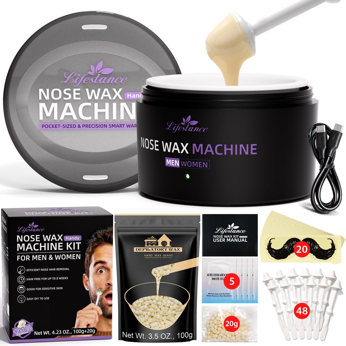 Lifestance Nose Hair Wax Kit - 120g Mini Wax Pot with USB-C Fast Heating, Smart Temp Control, 48 Sticks, Painless Ear Hair Removal for Men & Women - Travel-Friendly Avelisse