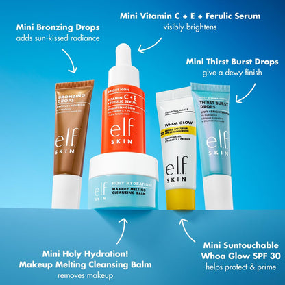 e.l.f. SKIN Best & Obsessed Skincare Kit – Travel-Size Makeup Remover, Sunscreen & Brightening Serums for Glowy Skin, Vegan & Cruelty-Free