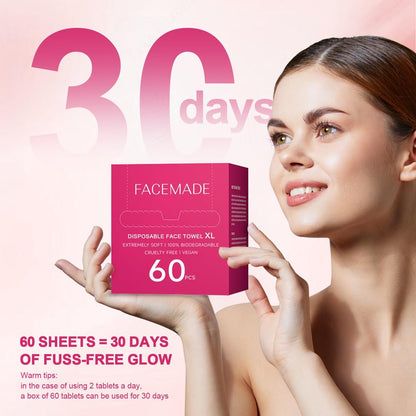 FACEMADE 60 Count Disposable Face Towels – 100% USDA Biobased Cotton Face Towelettes for Makeup Removal & Gentle Cleansing, Super Soft Thick Dry Wipes