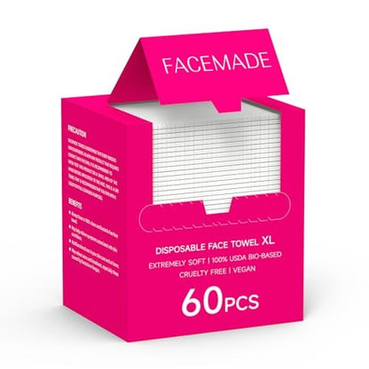 FACEMADE 60 Count Disposable Face Towels – 100% USDA Biobased Cotton Face Towelettes for Makeup Removal & Gentle Cleansing, Super Soft Thick Dry Wipes