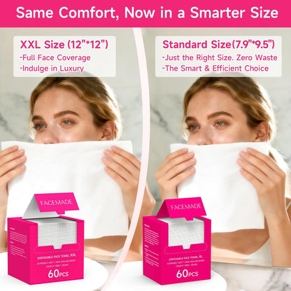 FACEMADE 60 Count Disposable Face Towels – 100% USDA Biobased Cotton Face Towelettes for Makeup Removal & Gentle Cleansing, Super Soft Thick Dry Wipes
