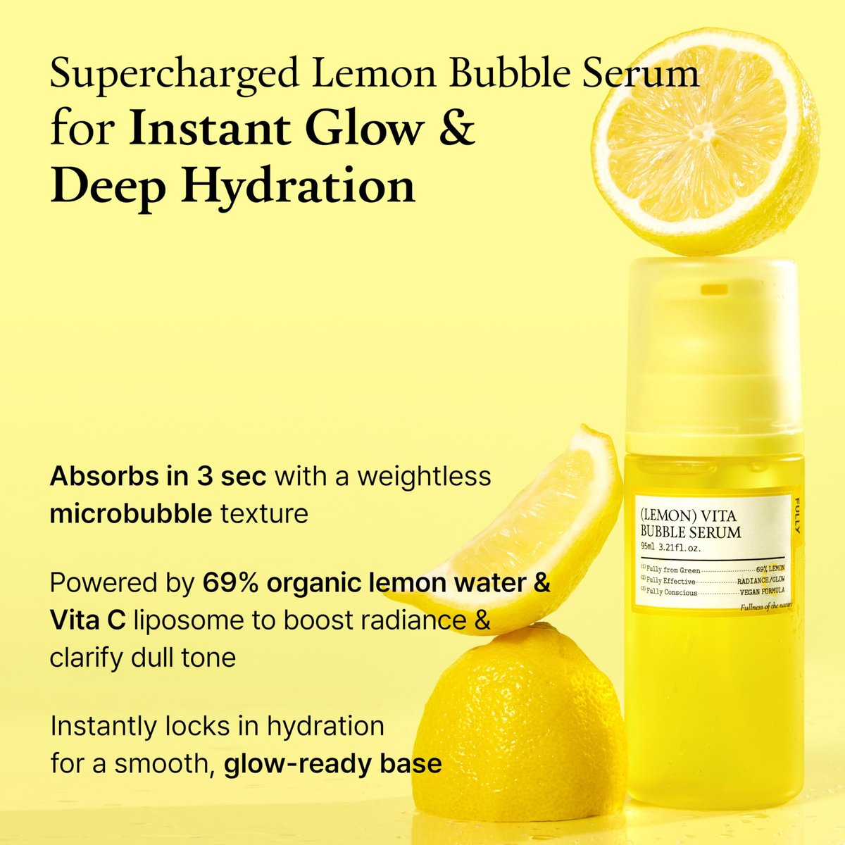 FULLY Lemon Vita Bubble Facial Serum – 69% Organic Jeju Lemon Water & Vitamin C, Instant Glow & Hydration, Niacinamide + Glutathione for Radiance & Tone Refining, Vegan Korean Skincare, 3.21 fl.oz - görsel 5