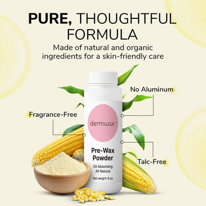 Dermwax Pre Wax Powder 8 oz – Talc Free, Fragrance-Free & Aluminum-Free – Absorbs Oils & Moisture to Prepare Skin for Smooth Waxing