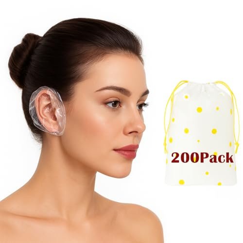 200 Pack Disposable Waterproof Ear Covers for Shower & Hair Dye – Clear Plastic Ear Caps with Soft Elastic, One Size for Adults, with Drawstring Storage Pouch for Neat, Travel-Ready Carry Avelisse