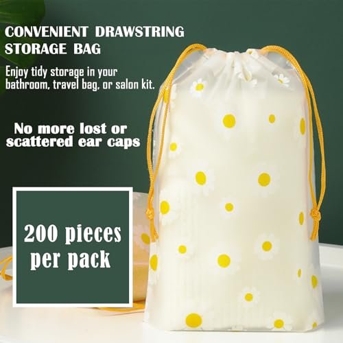 200 Pack Disposable Waterproof Ear Covers for Shower & Hair Dye – Clear Plastic Ear Caps with Soft Elastic, One Size for Adults, with Drawstring Storage Pouch for Neat, Travel-Ready Carry Avelisse