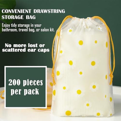 200 Pack Disposable Waterproof Ear Covers for Shower & Hair Dye – Clear Plastic Ear Caps with Soft Elastic, One Size for Adults, with Drawstring Storage Pouch for Neat, Travel-Ready Carry Avelisse