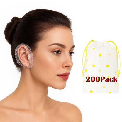 200 Pack Disposable Waterproof Ear Covers for Shower & Hair Dye – Clear Plastic Ear Caps with Soft Elastic, One Size for Adults, with Drawstring Storage Pouch for Neat, Travel-Ready Carry Avelisse