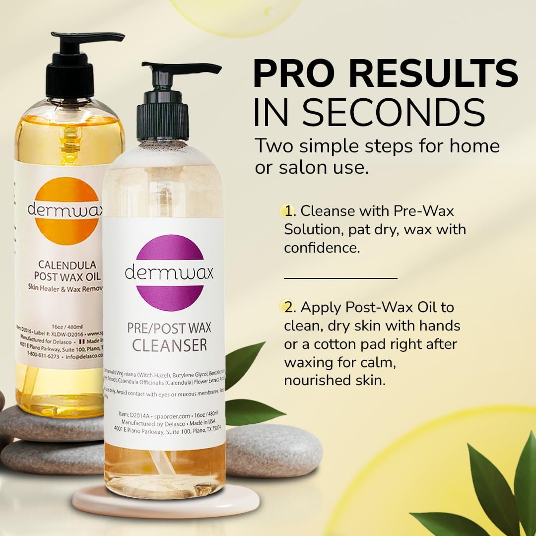 Dermwax Pre and Post Wax Care Kit – Complete Prep & Aftercare Set with Cleanser and Calendula Oil – Paraben-Free, Gentle Formulas for Smooth Skin (16 Fl Oz, Pack of 2) Avelisse