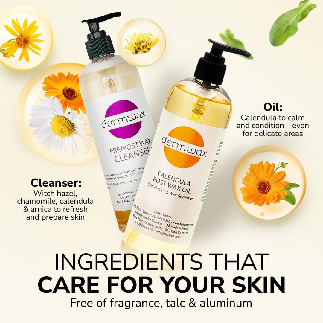 Dermwax Pre and Post Wax Care Kit – Complete Prep & Aftercare Set with Cleanser and Calendula Oil – Paraben-Free, Gentle Formulas for Smooth Skin (16 Fl Oz, Pack of 2) Avelisse
