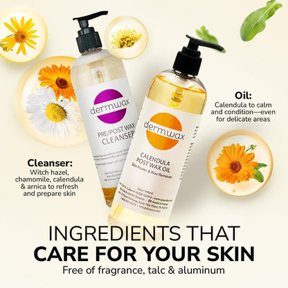 Dermwax Pre and Post Wax Care Kit – Complete Prep & Aftercare Set with Cleanser and Calendula Oil – Paraben-Free, Gentle Formulas for Smooth Skin (16 Fl Oz, Pack of 2) Avelisse