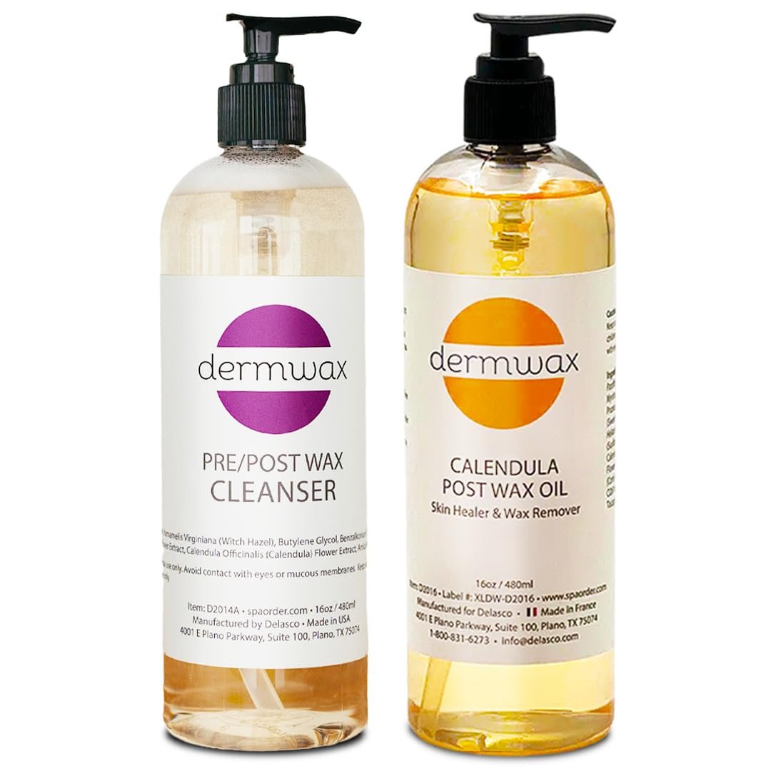 Dermwax Pre and Post Wax Care Kit – Complete Prep & Aftercare Set with Cleanser and Calendula Oil – Paraben-Free, Gentle Formulas for Smooth Skin (16 Fl Oz, Pack of 2) Avelisse