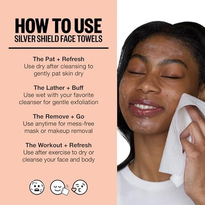 PEACE OUT Silver Shield Face Towels – Disposable Facial Towels for Sensitive Skin, Silver Citrate Infused, Dual Sided, Super Absorbent, Biodegradable, 30 Count Avelisse