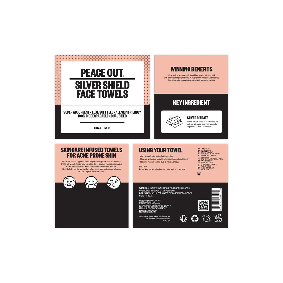 PEACE OUT Silver Shield Face Towels – Disposable Facial Towels for Sensitive Skin, Silver Citrate Infused, Dual Sided, Super Absorbent, Biodegradable, 30 Count Avelisse