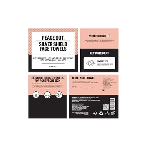 PEACE OUT Silver Shield Face Towels – Disposable Facial Towels for Sensitive Skin, Silver Citrate Infused, Dual Sided, Super Absorbent, Biodegradable, 30 Count Avelisse