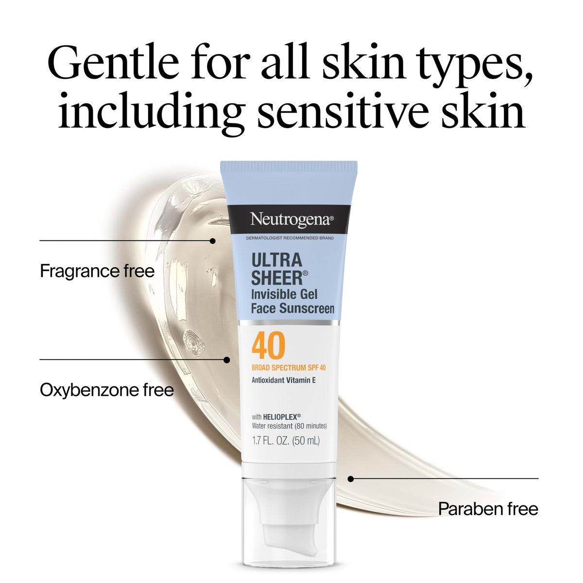 Neutrogena Ultra Sheer Invisible Gel Face Sunscreen SPF 40, Facial Sunscreen & Moisturizer, Vitamin E, Matte Finish, Makeup Primer, Travel Size, 80 Minutes Water-Resistant, 1.7 oz Avelisse