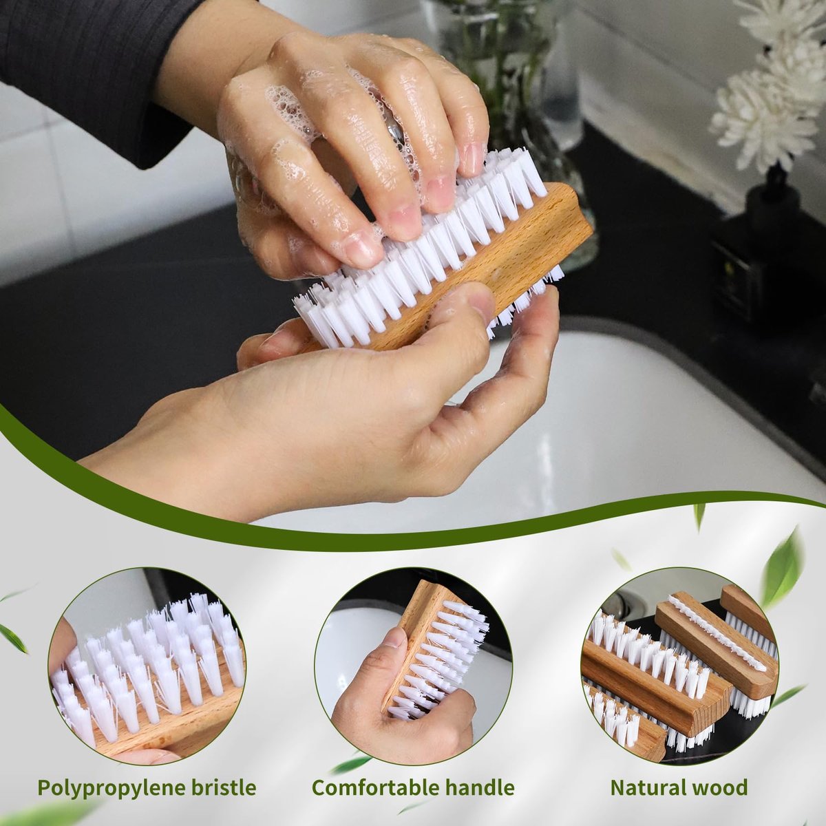 ÖkoStamm 4 Pack Wooden Nail Brush - Two-sided Fingernails Brush with Hard Nylon Bristles, Slanted Bristle Nail Brush for Cleaning Fingernails Easier to Remove Heavy Dust under Nails - görsel 3