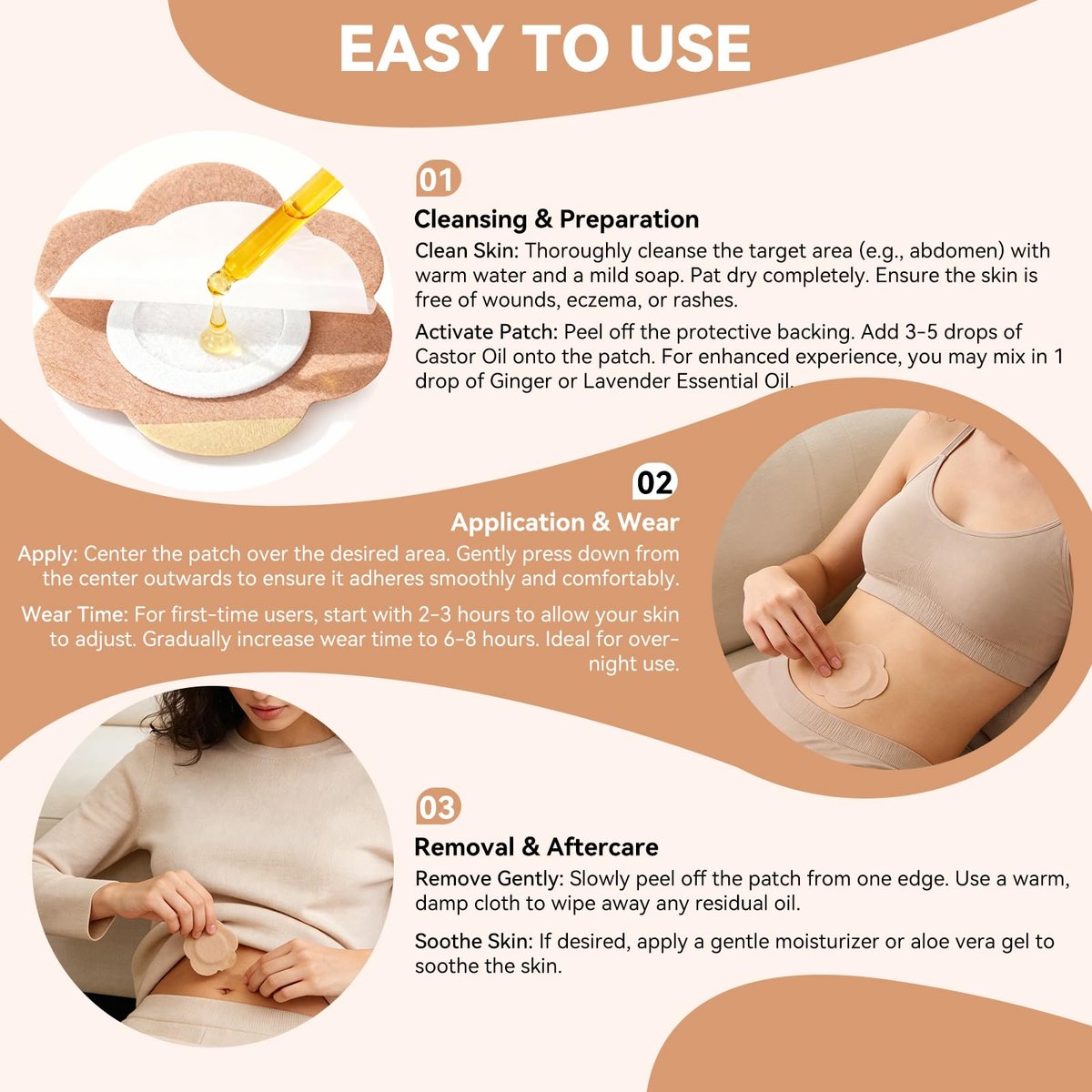 60-Pack Disposable Castor Oil Patches – Organic Cotton Self-Adhesive Pads for Belly Button, Anti-Leakage, Breathable & Portable (2 Sizes, Beige) - görsel 9