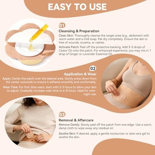 60-Pack Disposable Castor Oil Patches – Organic Cotton Self-Adhesive Pads for Belly Button, Anti-Leakage, Breathable & Portable (2 Sizes, Beige) - görsel 10