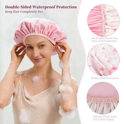 Reversible Shower Cap for Women - Waterproof Reusable Double Layer Large Shower Cap with Elastic Band, Non-Slip Washable Bath Hair Hat for Braids & Long Hair