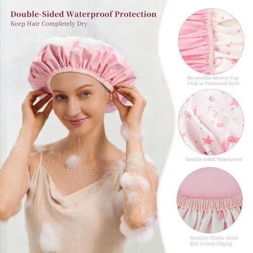 Reversible Shower Cap for Women - Waterproof Reusable Double Layer Large Shower Cap with Elastic Band, Non-Slip Washable Bath Hair Hat for Braids & Long Hair - görsel 6
