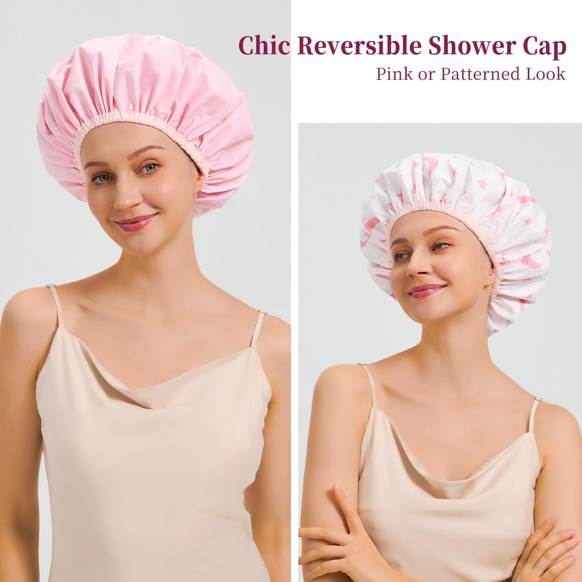 Reversible Shower Cap for Women - Waterproof Reusable Double Layer Large Shower Cap with Elastic Band, Non-Slip Washable Bath Hair Hat for Braids & Long Hair - görsel 3