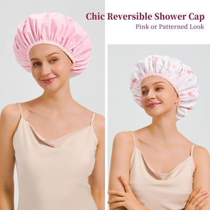 Reversible Shower Cap for Women - Waterproof Reusable Double Layer Large Shower Cap with Elastic Band, Non-Slip Washable Bath Hair Hat for Braids & Long Hair