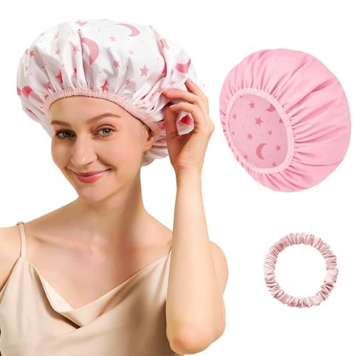 Reversible Shower Cap for Women - Waterproof Reusable Double Layer Large Shower Cap with Elastic Band, Non-Slip Washable Bath Hair Hat for Braids & Long Hair - görsel 2