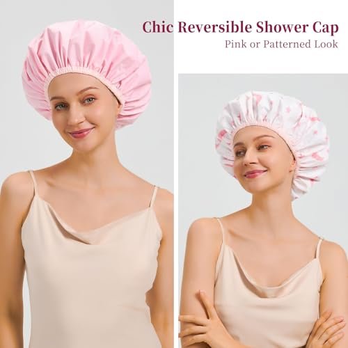 Reversible Shower Cap for Women - Waterproof Reusable Double Layer Large Shower Cap with Elastic Band, Non-Slip Washable Bath Hair Hat for Braids & Long Hair - görsel 4