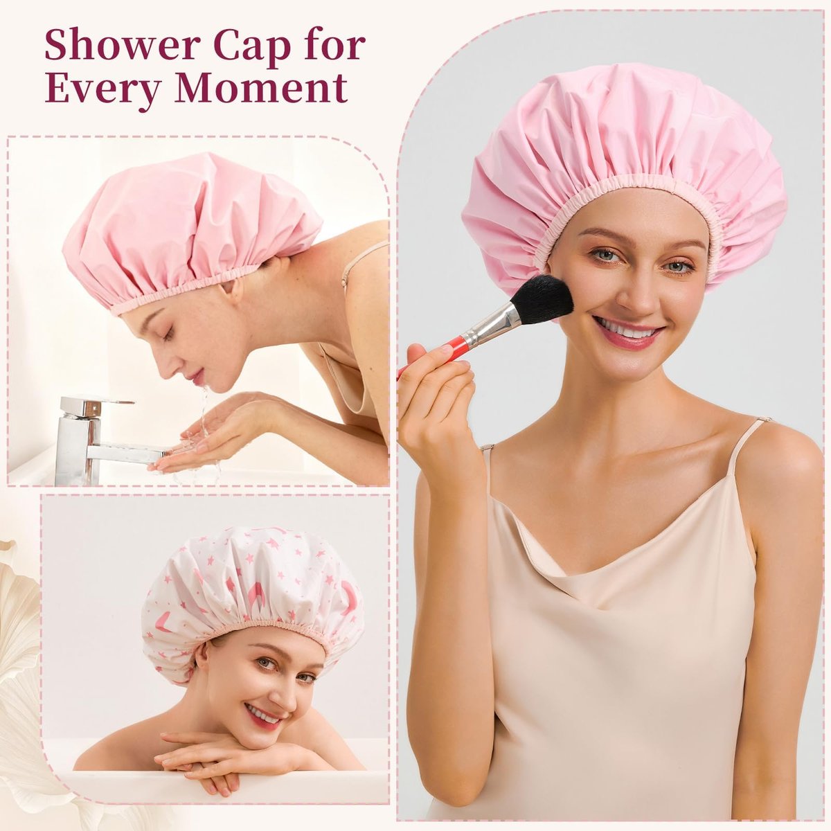 Reversible Shower Cap for Women - Waterproof Reusable Double Layer Large Shower Cap with Elastic Band, Non-Slip Washable Bath Hair Hat for Braids & Long Hair - görsel 11
