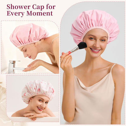 Reversible Shower Cap for Women - Waterproof Reusable Double Layer Large Shower Cap with Elastic Band, Non-Slip Washable Bath Hair Hat for Braids & Long Hair