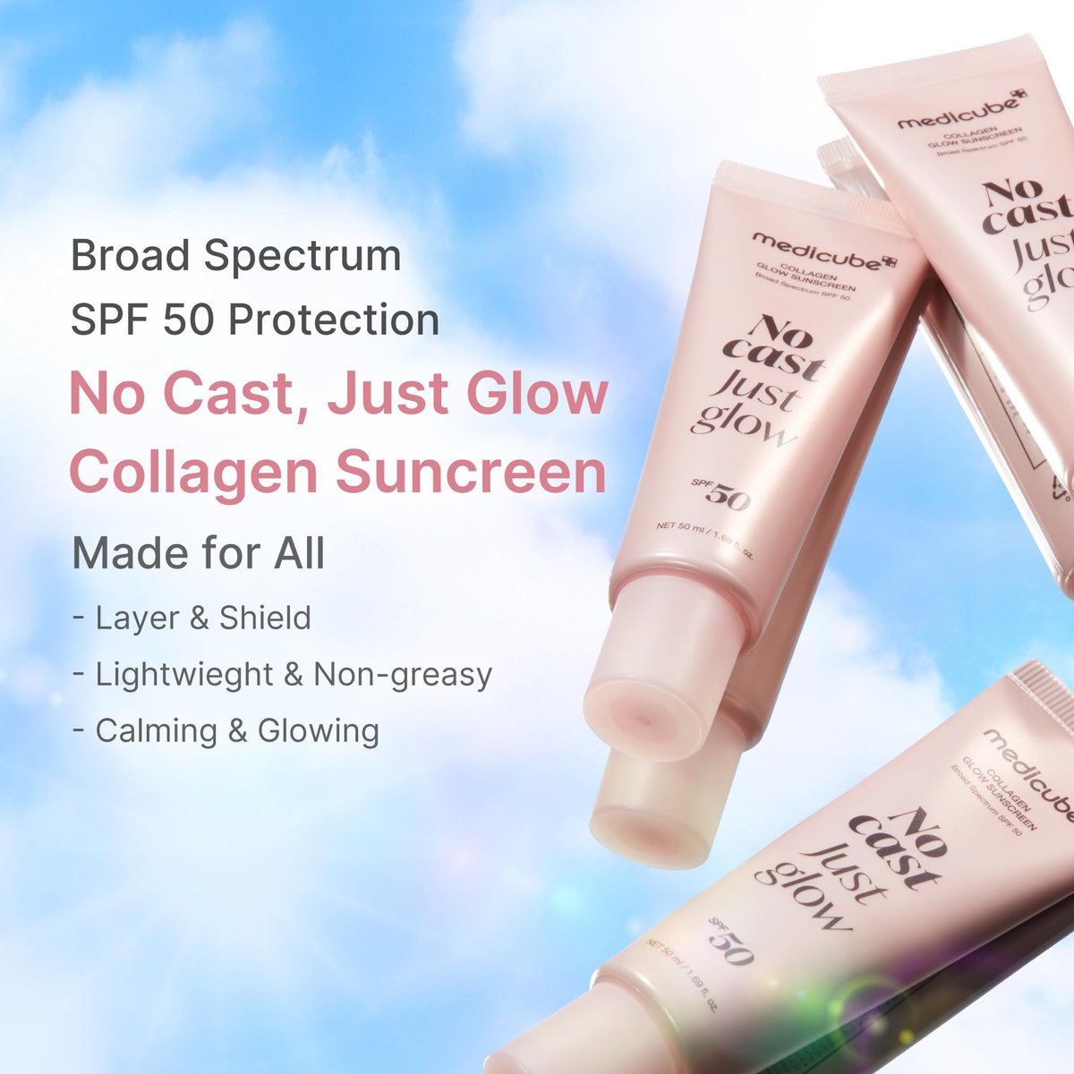 medicube No Cast Just Glow Collagen Sunscreen SPF 50 | Hydrating Korean Face Sunscreen with Peptide & Cica Avelisse