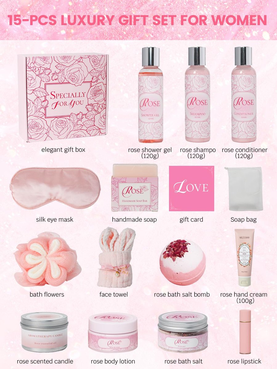 Mother's Day Gifts Set 16Pcs Rose Spa Bath & Body Care Set with Bath Bombs & Lotions, Relaxing Home Spa Gift Kit for Mom Wife Girlfriend, Ideal for Mother’s Day Birthday Women Gift Sets Avelisse