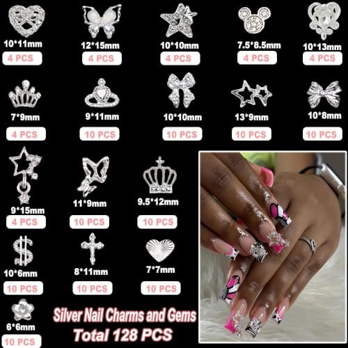 KACHIMOO 128 PCS Silver Nail Charms - 3D Butterfly, Bow, Star, Crown, Cross, Dollar, Heart Shapes - Y2K Nail Art Rhinestone Decor Avelisse