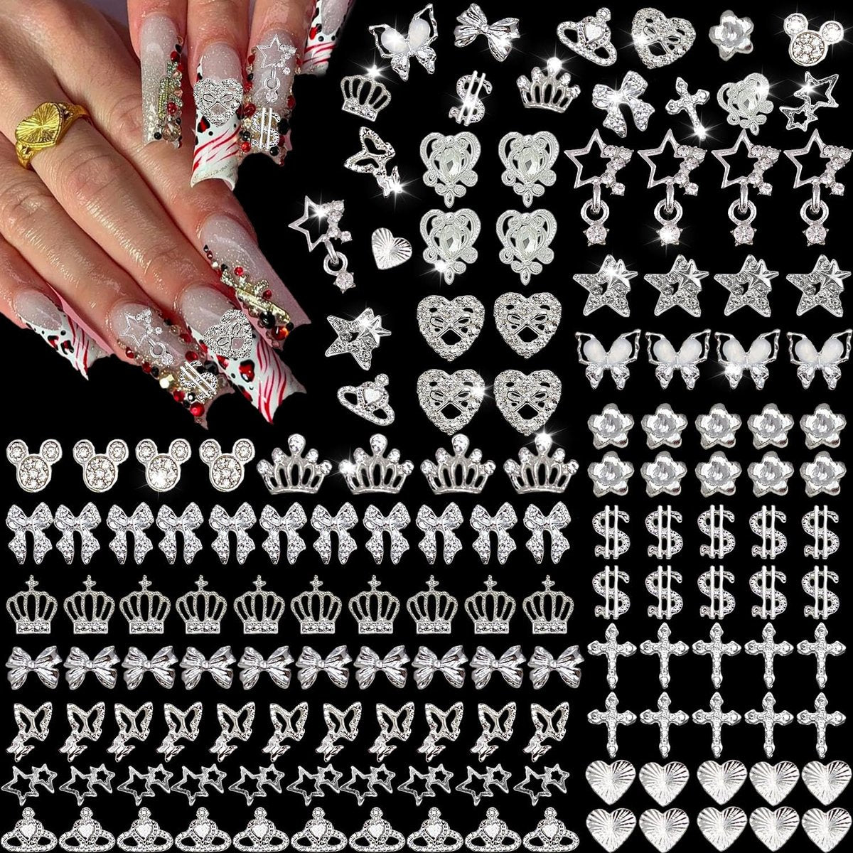 KACHIMOO 128 PCS Silver Nail Charms - 3D Butterfly, Bow, Star, Crown, Cross, Dollar, Heart Shapes - Y2K Nail Art Rhinestone Decor Avelisse
